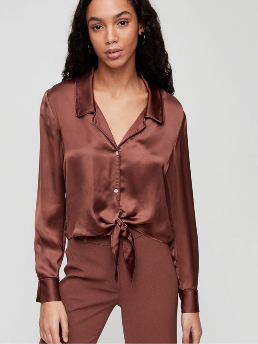 Wilfred Satin Tie-Front Button-Down Top - Brown